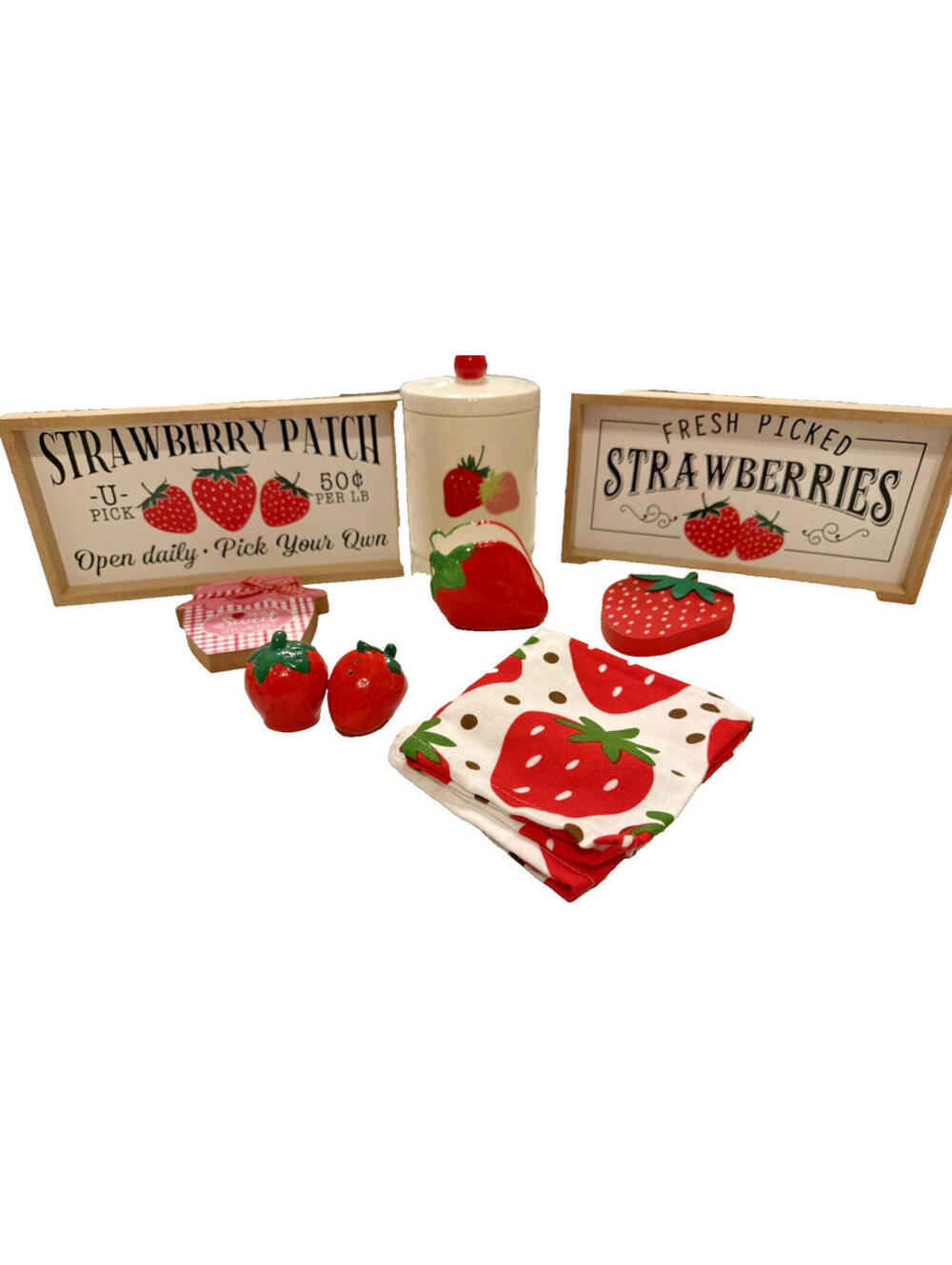 New Strawberry kitchen Decor lot ;signs, salt pepper, cannister; country, cottag